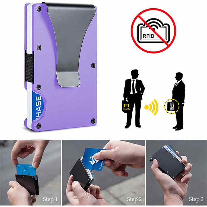 2 Pcs Purple Aluminum Alloy RFID Blocking Wallet - Compact, Lightweight Credit Card Holder and Money Clip