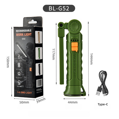 2 Pcs Green 360° Rotating COB LED Magnetic Work Light - Multi-Mode Rechargeable Flashlight for Automotive Repair & Emergency Lighting