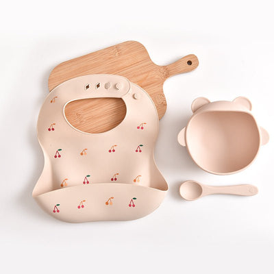 Cherry Pattern Beige Soft and Safe Silicone Baby Feeding Set – Bib, Bowl, and Spoon Combo for Mess-Free Meals