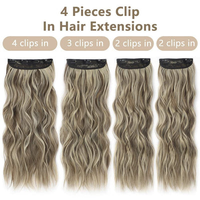 4 Pcs Set Black High-Quality Wavy Clip-In Hair Extensions Set - 50cm, 200g, Synthetic Fiber - Voluminous Beach Waves for Instant Hair Makeover