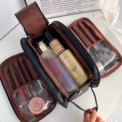 Black Large Capacity Makeup Organizer Bag - Travel-Friendly Double-Zip Cosmetic Storage Case for Women(Makeup items are shooting props and are not included)