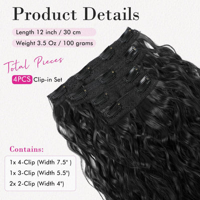 Black 12-Inch Clip-in Wavy Hair Extensions - 4-Piece Set,  Easy to Apply, Instant Volume Boost