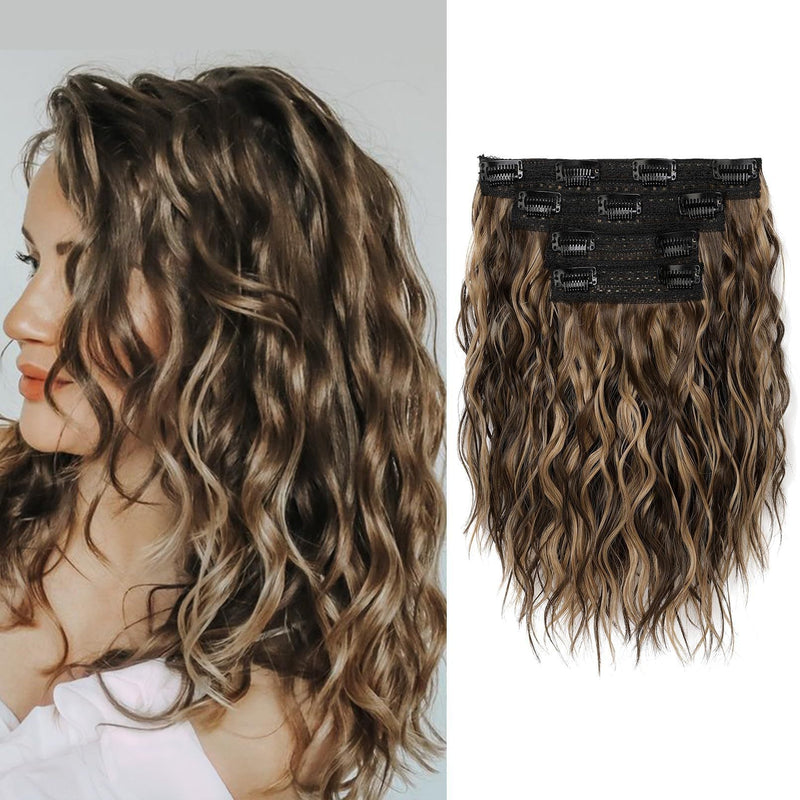 Brown 12-Inch Clip-in Wavy Hair Extensions - 4-Piece Set,  Easy to Apply, Instant Volume Boost