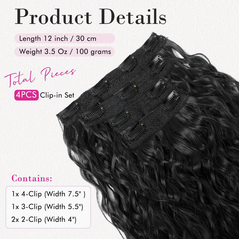 Brown 12-Inch Clip-in Wavy Hair Extensions - 4-Piece Set,  Easy to Apply, Instant Volume Boost