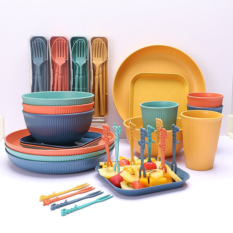 Four-person Set Blue Eco-Friendly Wheat Straw Dinnerware Set,  Plate, Bowl, Cup & Utensil Set - Lightweight, Reusable, and Durable for Home, School, and Travel