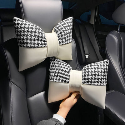 1 Pair (Headrest + Pillow) Black Cute Bowtie Car Headrest Pillow and Waist Cushion Set, Stylish Houndstooth Design, Soft Neck and Back Support for Car Interior