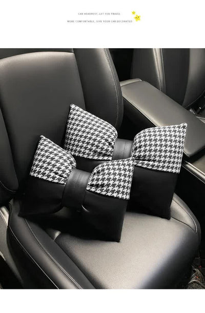 1 Pair (Headrest + Pillow) Black Cute Bowtie Car Headrest Pillow and Waist Cushion Set, Stylish Houndstooth Design, Soft Neck and Back Support for Car Interior