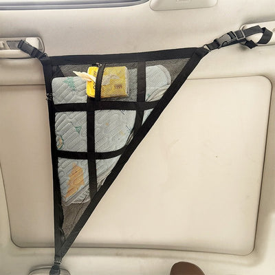 Off White Car Roof Triangular Storage Net - Adjustable Ceiling Organizer for Vehicles