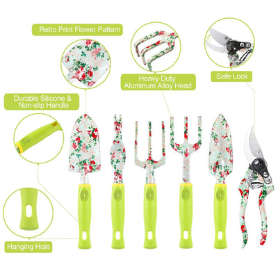 Green 9-Piece Floral Garden Tool Set for Women – Complete Gardening Kit with Tote Bag, Pruners, and Gloves