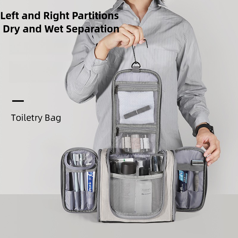 Grey Large Capacity Travel Toiletry Bag with Dry-Wet Separation – Hanging Organizer for Cosmetics and Personal Care