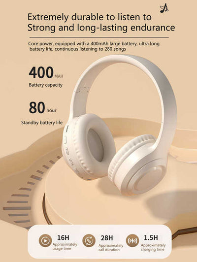Off White Wireless Headphones - 400mAh, 16H Playtime, SD Card & Aux Support