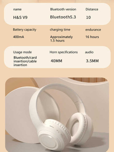 Off White Wireless Headphones - 400mAh, 16H Playtime, SD Card & Aux Support