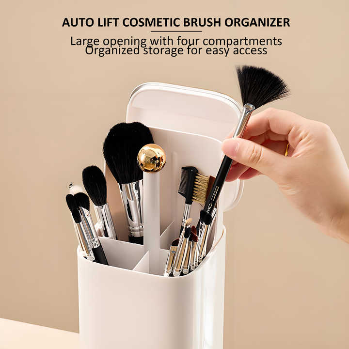 White Automatic Lifting Makeup Brush Holder with 4 Compartments, Large Capacity Cosmetic Brush Organizer(Makeup brushes are shooting props and are not included)