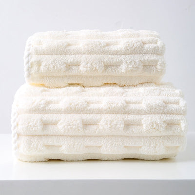 Off White Thickened Coral Fleece Towel Set, Large Bath Towel & Face Towel Combo, Soft & Absorbent Towels for Home Use