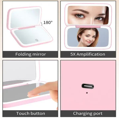 Black MR2326C Portable LED Illuminated Makeup Mirror - Foldable Lighted Vanity Mirror with 800mAh Battery