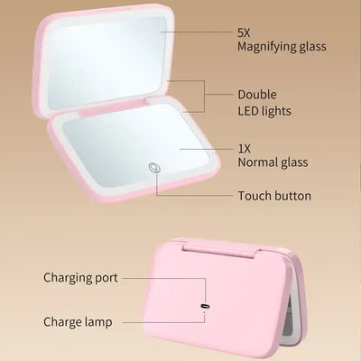 Black MR2326C Portable LED Illuminated Makeup Mirror - Foldable Lighted Vanity Mirror with 800mAh Battery