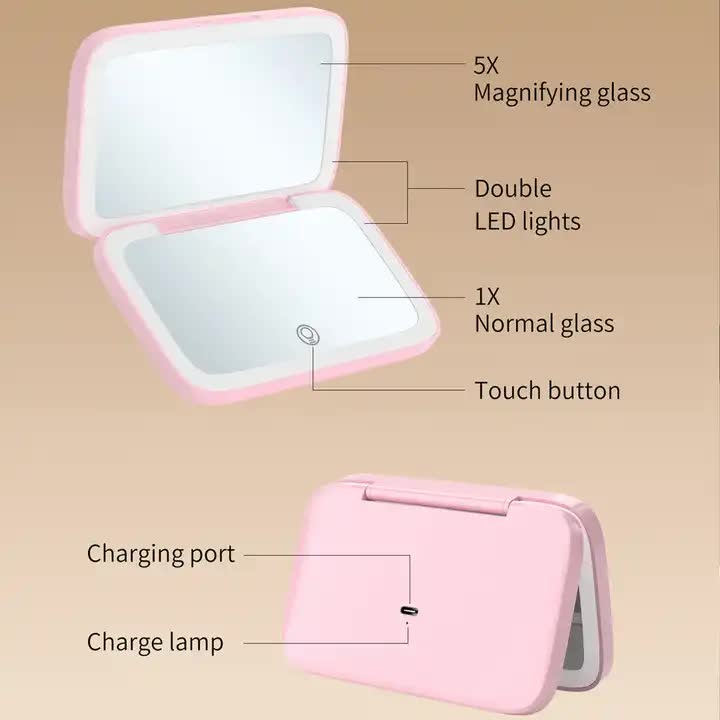 Black MR2326C Portable LED Illuminated Makeup Mirror - Foldable Lighted Vanity Mirror with 800mAh Battery