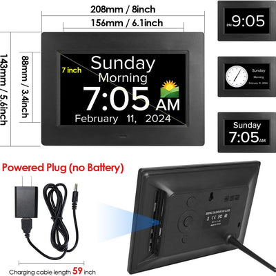 Black Crystal Clear 7-Inch Digital Day Clock with Auto Dimming & Voice Assist - Perfect for Seniors