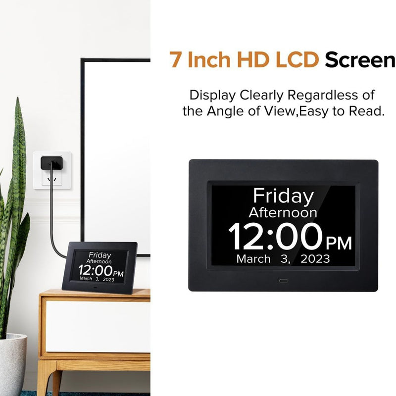 Black Crystal Clear 7-Inch Digital Day Clock with Auto Dimming & Voice Assist - Perfect for Seniors