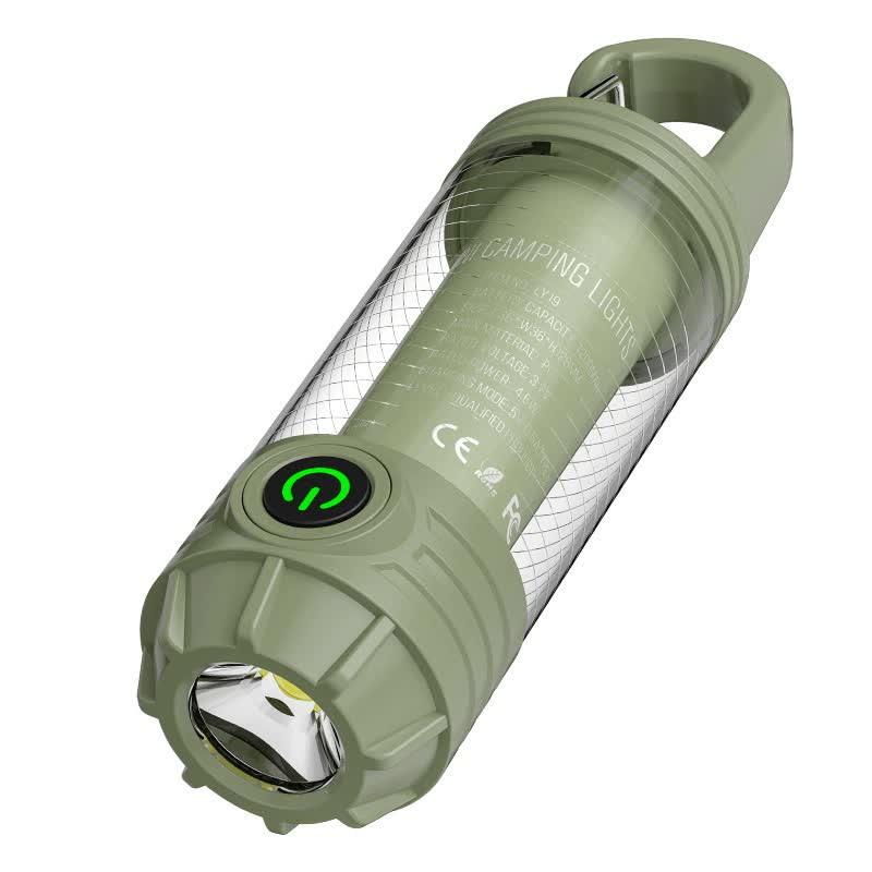 2 PCS Green Portable Outdoor Camping Light with 6 Modes & Keychain Hook - Multi-Source Mini Flashlight, IPX4 Waterproof