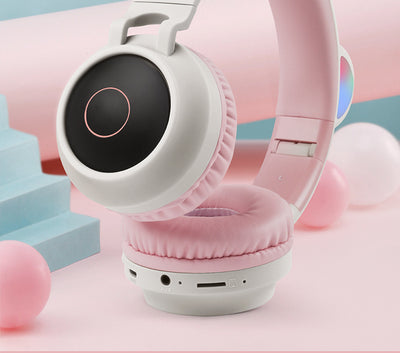 Adorable Cat Ear Wireless Headphones - Bluetooth 5.0, Foldable Design, Glowing RGB LED Lights - Cute Pink  Headset