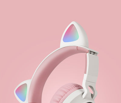 Adorable Cat Ear Wireless Headphones - Bluetooth 5.0, Foldable Design, Glowing RGB LED Lights - Cute Grey  Headset