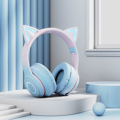 Blue Wireless Cat Ear Headphones with RGB Lights & Detachable Mic - Bluetooth 5.1