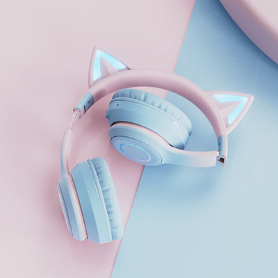 Pink Wireless Cat Ear Headphones with RGB Lights & Detachable Mic - Bluetooth 5.1