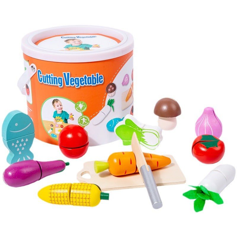 Kids Wooden Vegetable Cutting Toy Set - 18x15cm, Includes Knife, Fish, Carrot, Tomato & More