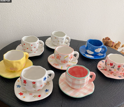 Pink Background Large Floral 300ML Underglaze Hand-Pinched Cup and Saucer Set - Ceramic Coffee Mug Milk Cup Breakfast Set