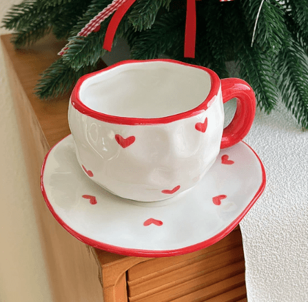 Red Edge Love 300ML Underglaze Hand-Pinched Cup and Saucer Set - Ceramic Coffee Mug Milk Cup Breakfast Set