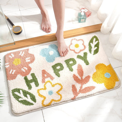 Green Happy Bath Mat - Super Absorbent, Non-Slip Bathroom Floor Mat - 40x60cm