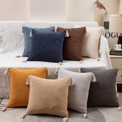 Milk Tea Yellow Modern Minimalist Velvet Pillow Covers - Tassel Accent Cushion Covers - 45x45cm (Set of 2)