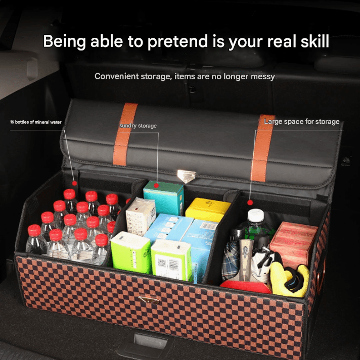 Medium Sized Brown-white Foldable Car Trunk Storage Box - Large Capacity Insertable Rear Organizer