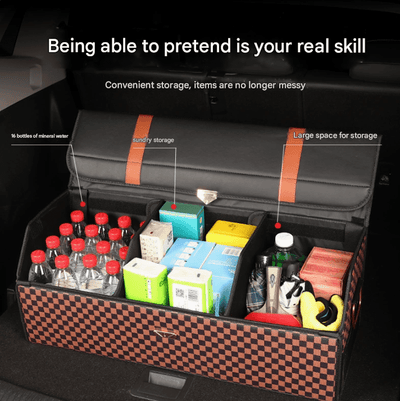 Medium Sized Tumbled Leather Grey Foldable Car Trunk Storage Box - Large Capacity Insertable Rear Organizer