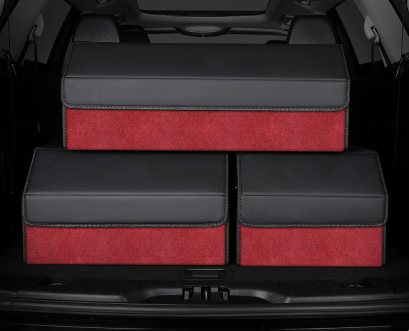 Medium Sized Tumbled Leather Red Foldable Car Trunk Storage Box - Large Capacity Insertable Rear Organizer