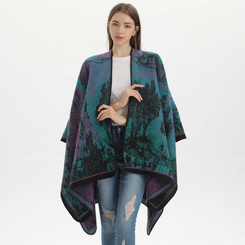 New Stripe Fish Scale Orange Elegant Autumn Winter Shawl - Artistic Split-Design Knit Cloak with Oil Painting Style