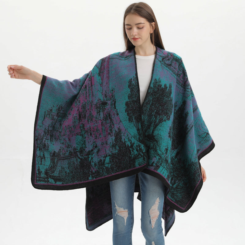 New Stripe Fish Scale Orange Elegant Autumn Winter Shawl - Artistic Split-Design Knit Cloak with Oil Painting Style