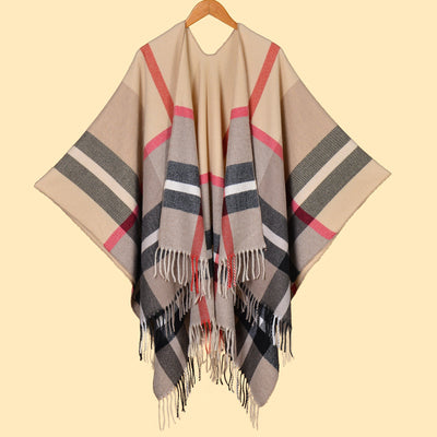 Classic Plaid Khaki Elegant Autumn Winter Shawl - Artistic Split-Design Knit Cloak with Oil Painting Style