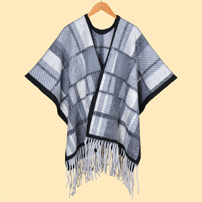 Barbagh Black Grey Elegant Autumn Winter Shawl - Artistic Split-Design Knit Cloak with Oil Painting Style