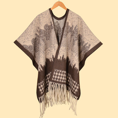 Far Hills Chidori Coffee Elegant Autumn Winter Shawl - Artistic Split-Design Knit Cloak with Oil Painting Style