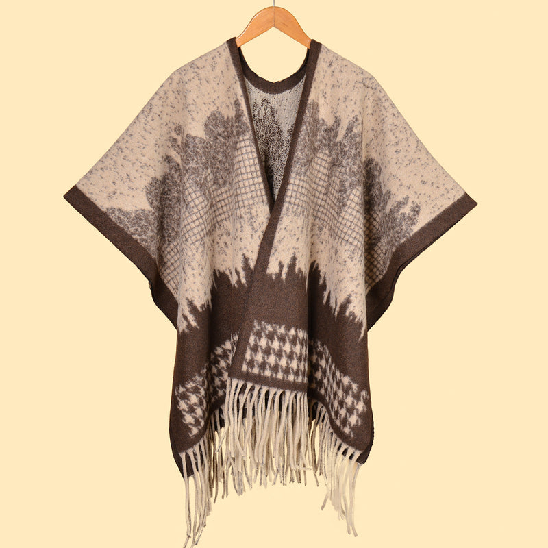 Far Hills Chidori Coffee Elegant Autumn Winter Shawl - Artistic Split-Design Knit Cloak with Oil Painting Style