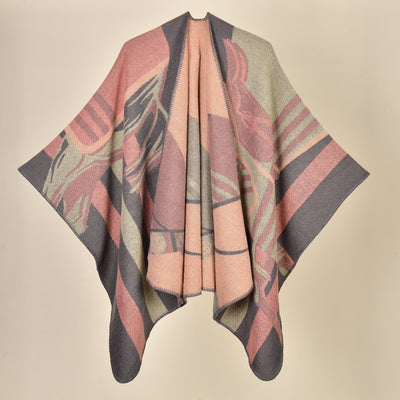 Dumas Pink Elegant Autumn Winter Shawl - Artistic Split-Design Knit Cloak with Oil Painting Style