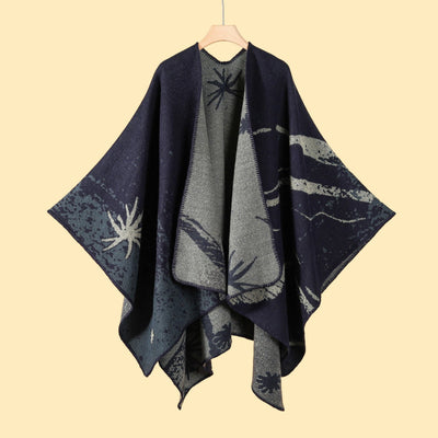 Starry Starry Night Navy Elegant Autumn Winter Shawl - Artistic Split-Design Knit Cloak with Oil Painting Style