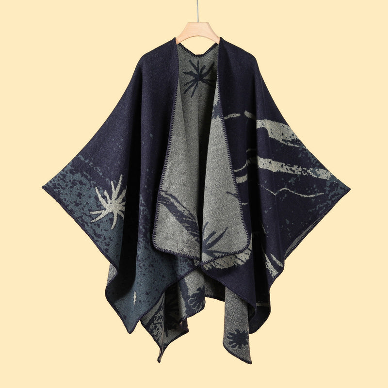 Palace Classical- Coffee Elegant Autumn Winter Shawl - Artistic Split-Design Knit Cloak with Oil Painting Style