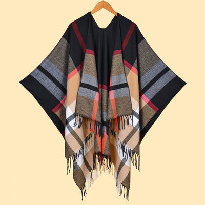 Palace Classical- Black and Red Elegant Autumn Winter Shawl - Artistic Split-Design Knit Cloak with Oil Painting Style