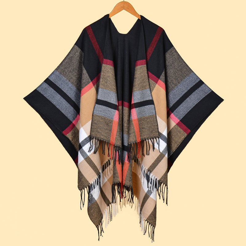 Palace Classical- Black and Red Elegant Autumn Winter Shawl - Artistic Split-Design Knit Cloak with Oil Painting Style