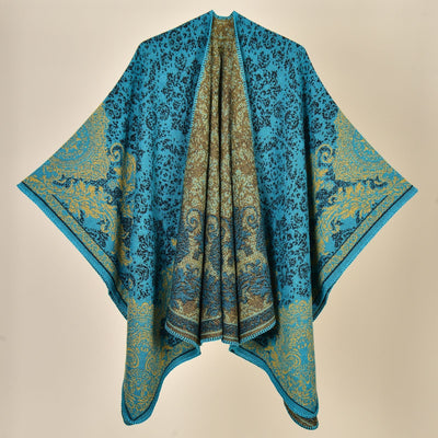 Palace Classical Lime Green Elegant Autumn Winter Shawl - Artistic Split-Design Knit Cloak with Oil Painting Style