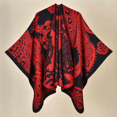 Cubic Cashew Black and Red Elegant Autumn Winter Shawl - Artistic Split-Design Knit Cloak with Oil Painting Style
