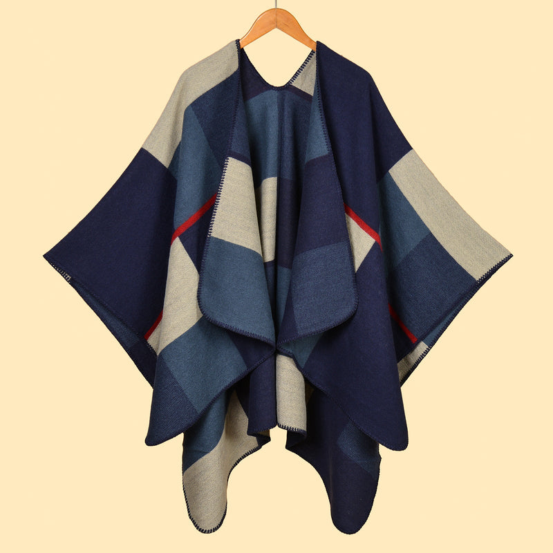 Large and Small Square Navy Blue Elegant Autumn Winter Shawl - Artistic Split-Design Knit Cloak with Oil Painting Style